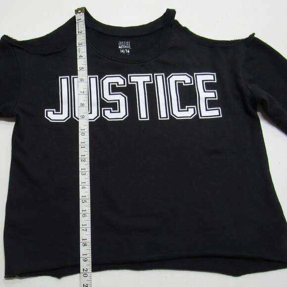 Justice Girls Graphic Logo Black Cold Shoulder Sweatshirt Top Size 14/16 - Picture 7 of 8